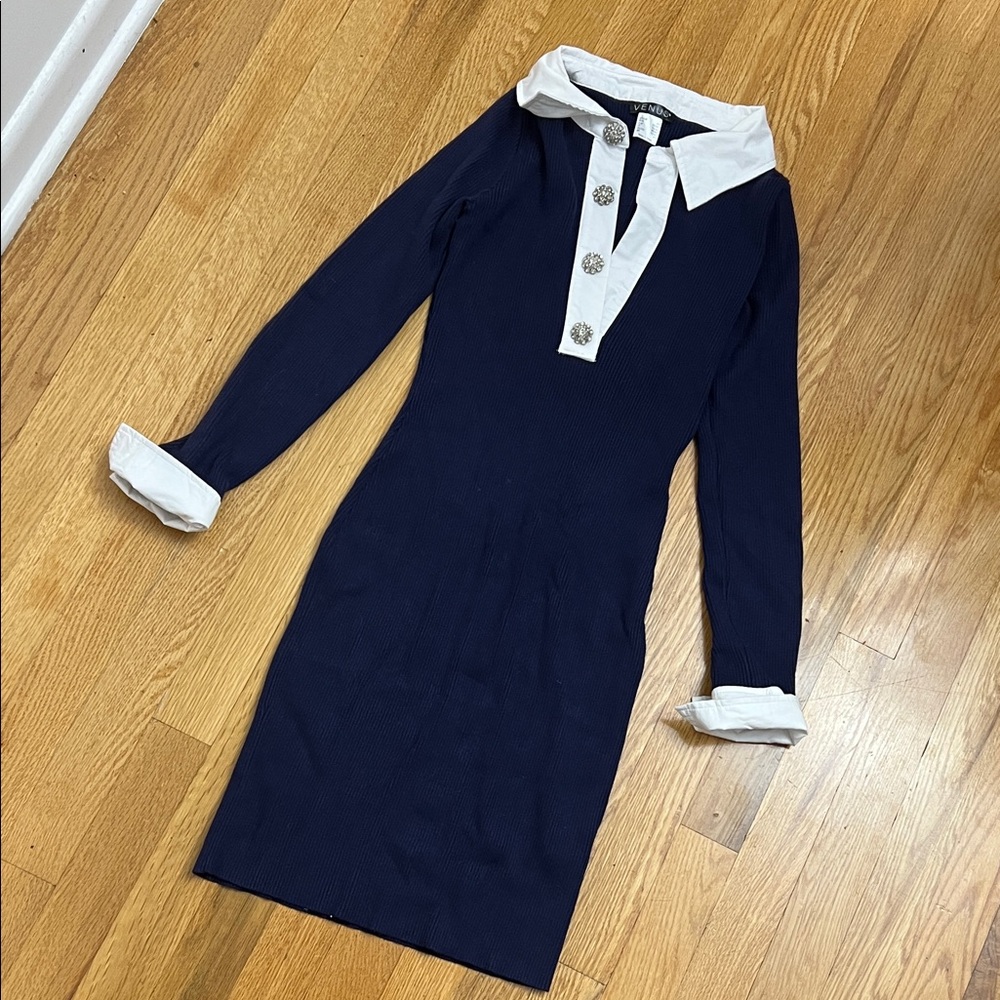 VENUS Navy and White Long Sleeve Dress XS